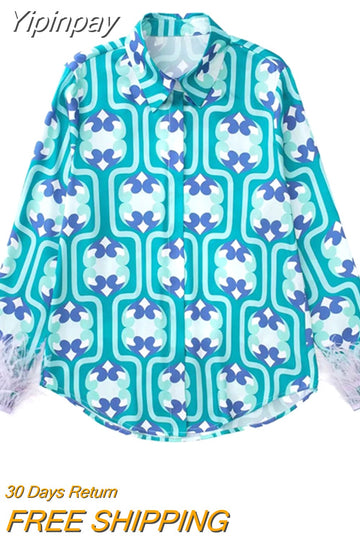 Yipinpay 2023 Print Feather Top Female Baggy Button Up Shirt Woman Feather Cuffs Women Shirt Long Sleeve Summer Blouses And Shirts